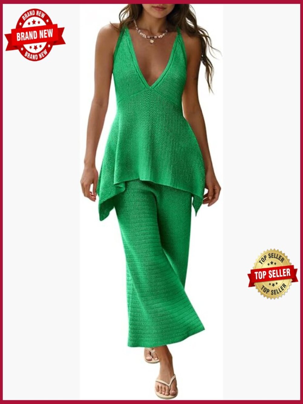2 Piece Knit Sets Deep V Neck Tank Wide Leg Pants Casual Summer Outfits